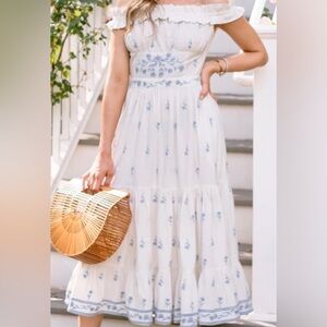 Elegant Off-Shoulder White and Blue Midi Dress